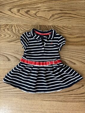 Baby Girl Nautical Navy & White Striped Polo Dress with Red